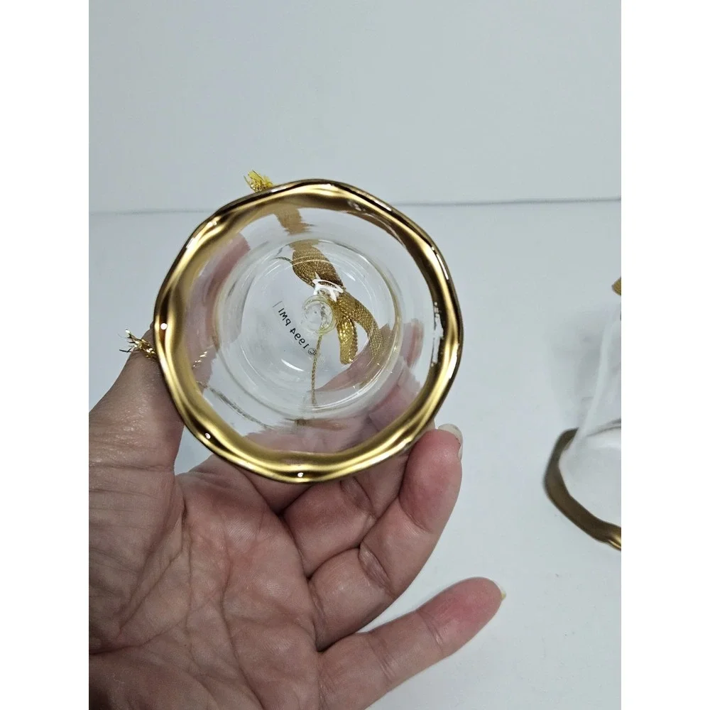 1994 PMI Clear Glass Christmas Bell Ornaments Gold Trim No Clapper Set Of 2 Vtg